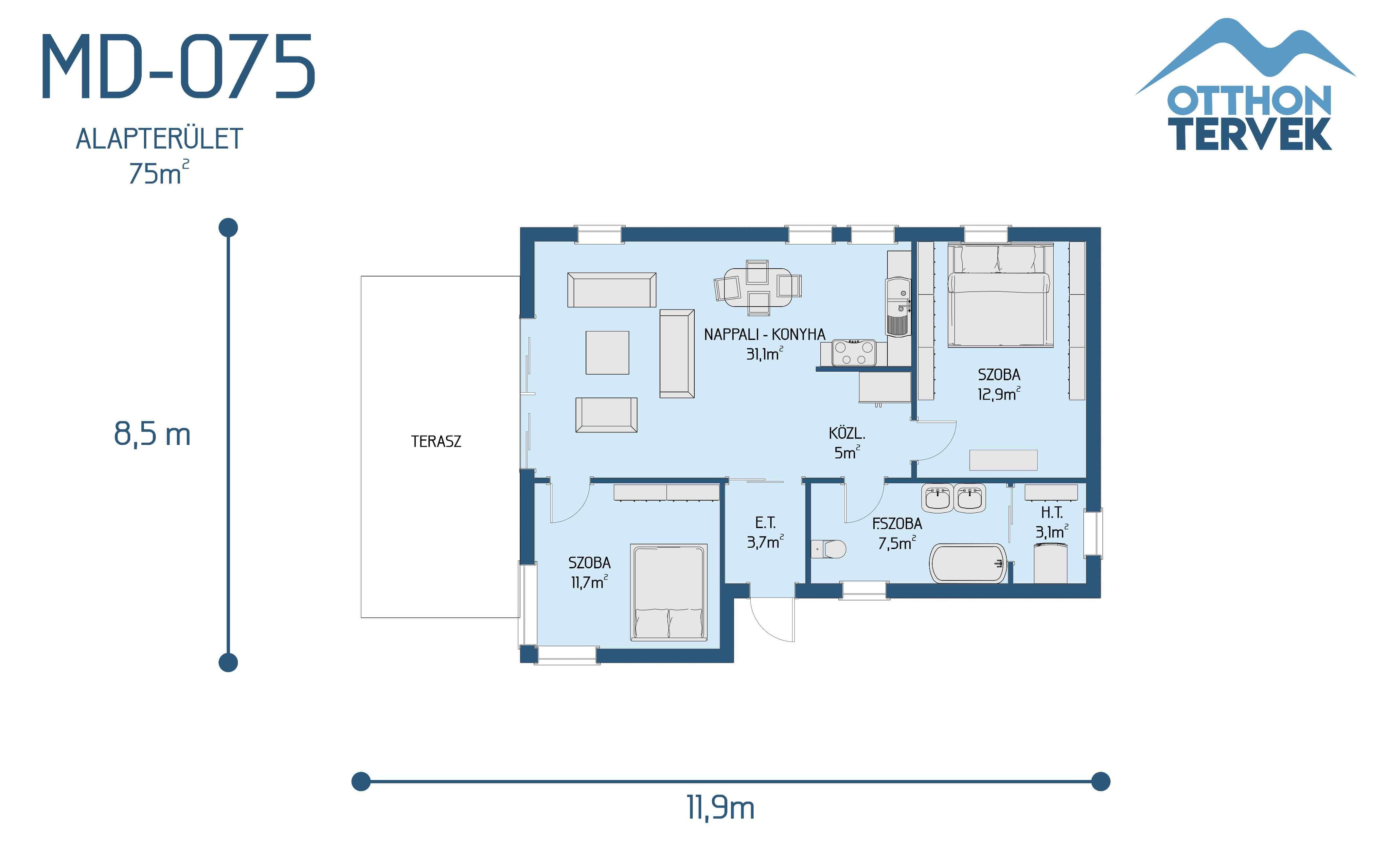 Alaprajz - Kiskundorozsma 95 m²-es családi ház típusterv