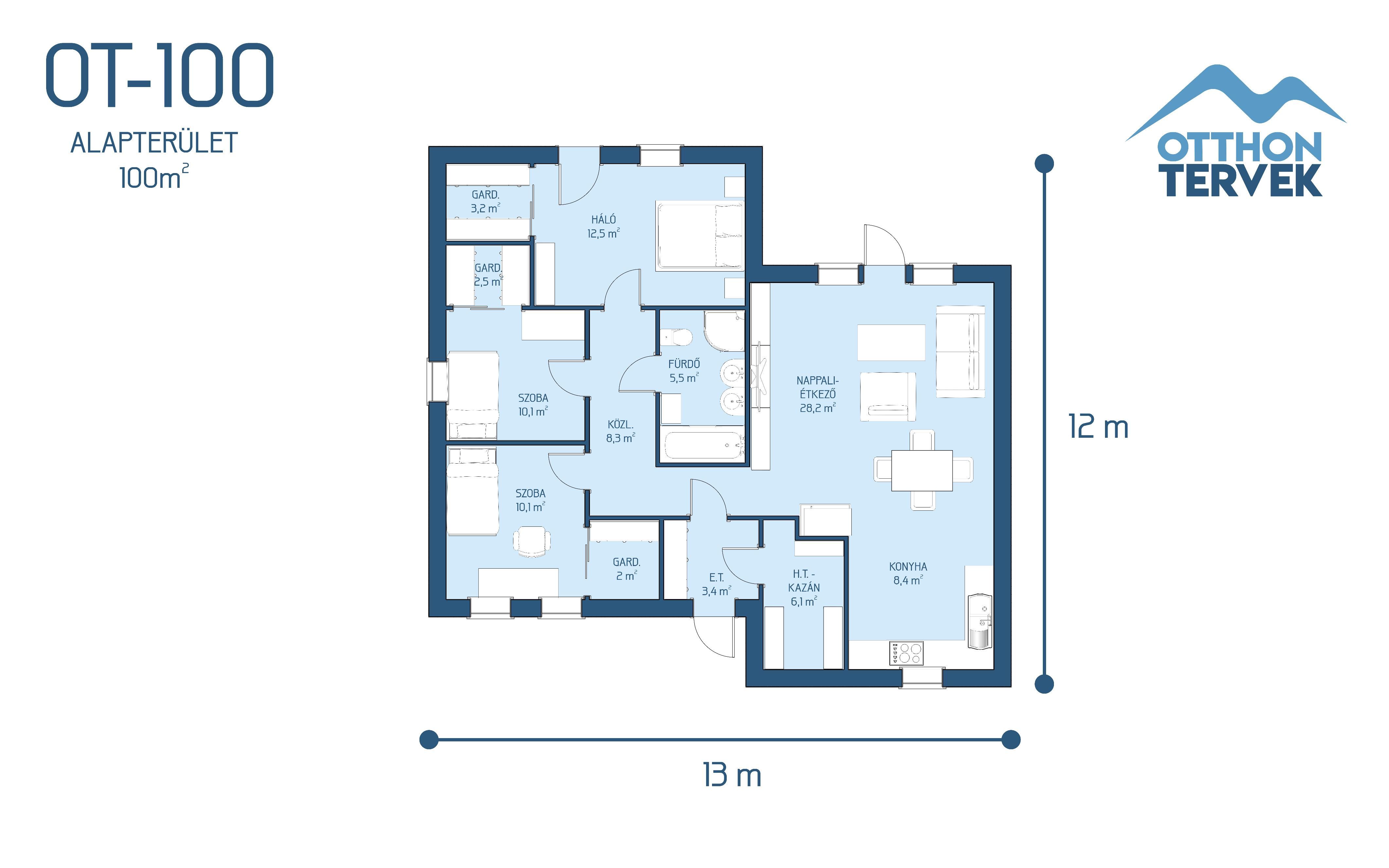 Alaprajz - Szeged családi ház típusterv (OT-100)