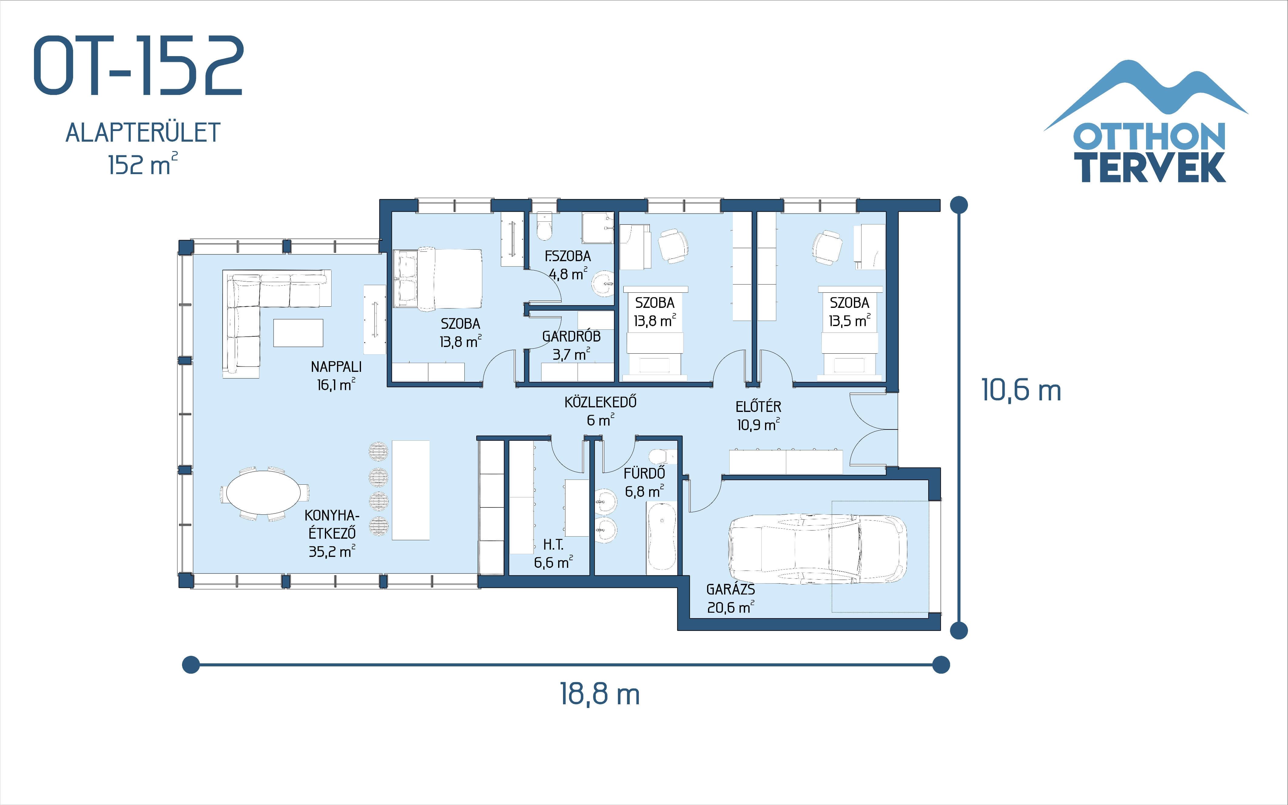 Alaprajz - Siófok családi ház típusterv (OT-152)