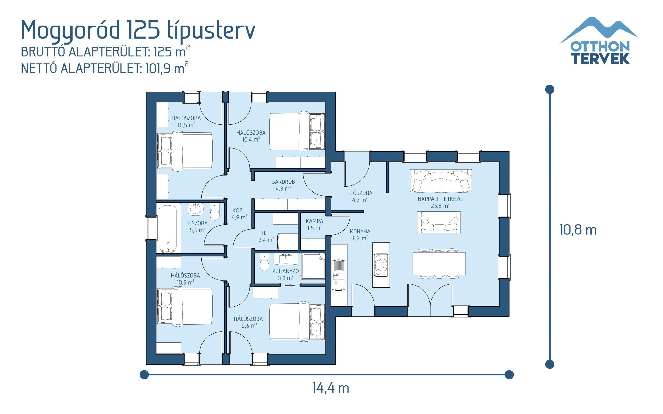 Alaprajz - Mogyoród családi ház típusterv (125 m²)