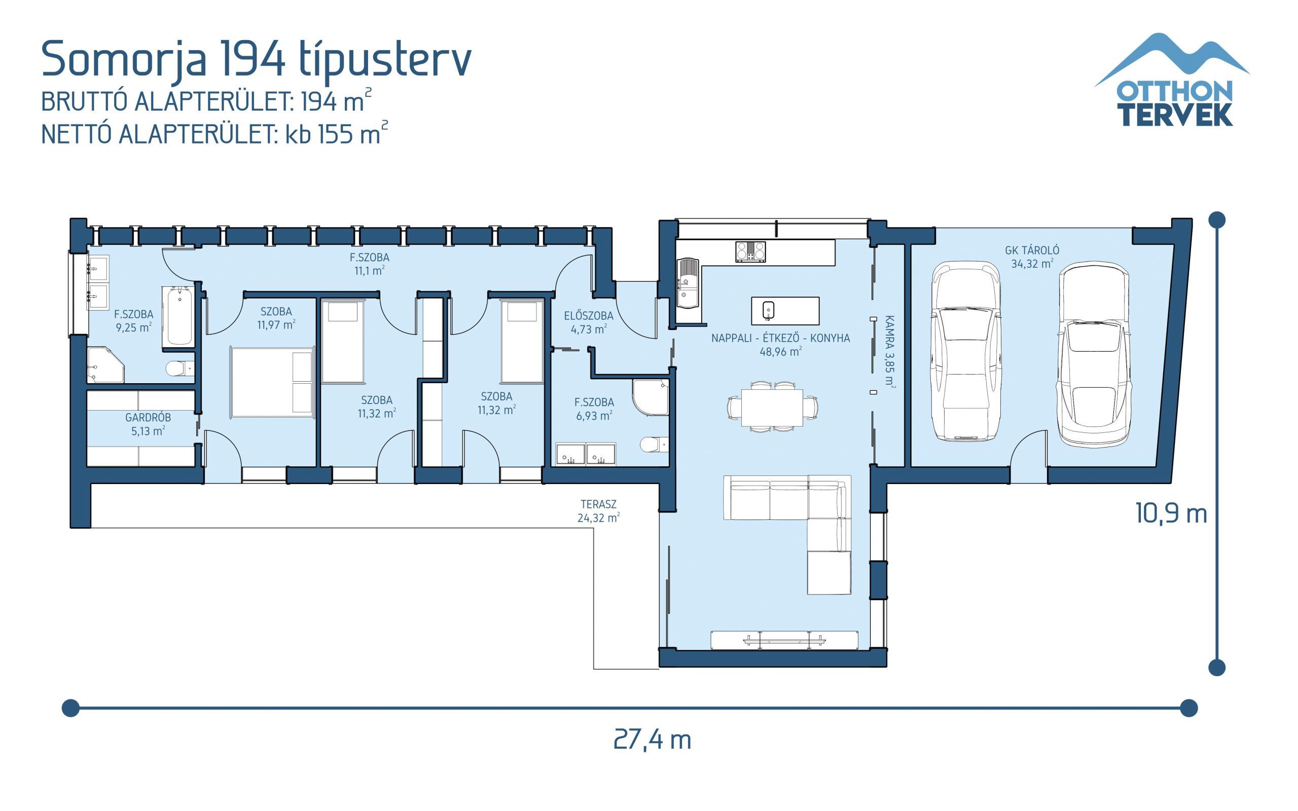 Alaprajz - Somorja családi ház típusterv (194 m²-es)