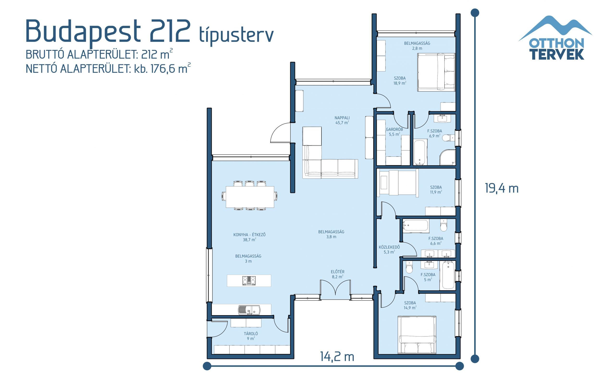 Alaprajz - Budapest családi ház típusterv (212 m²)