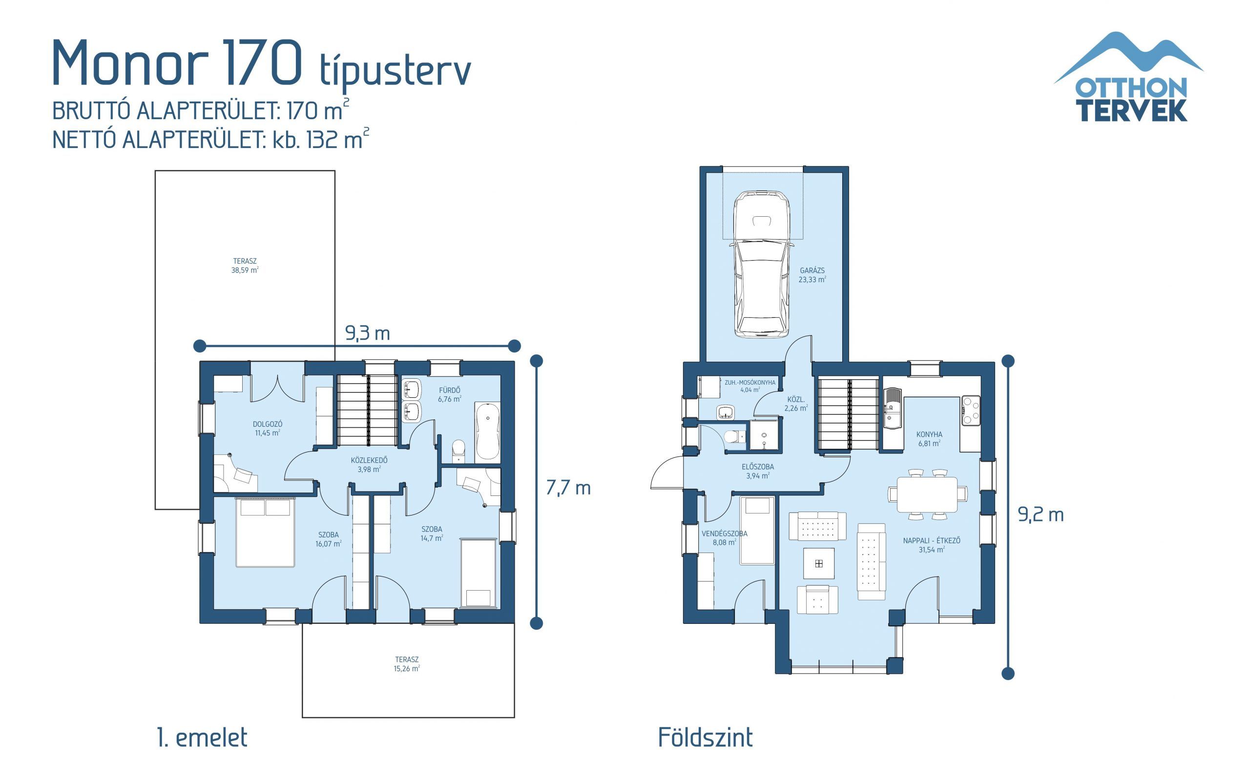 Alaprajz - Monor családi ház típusterv (170 m²)