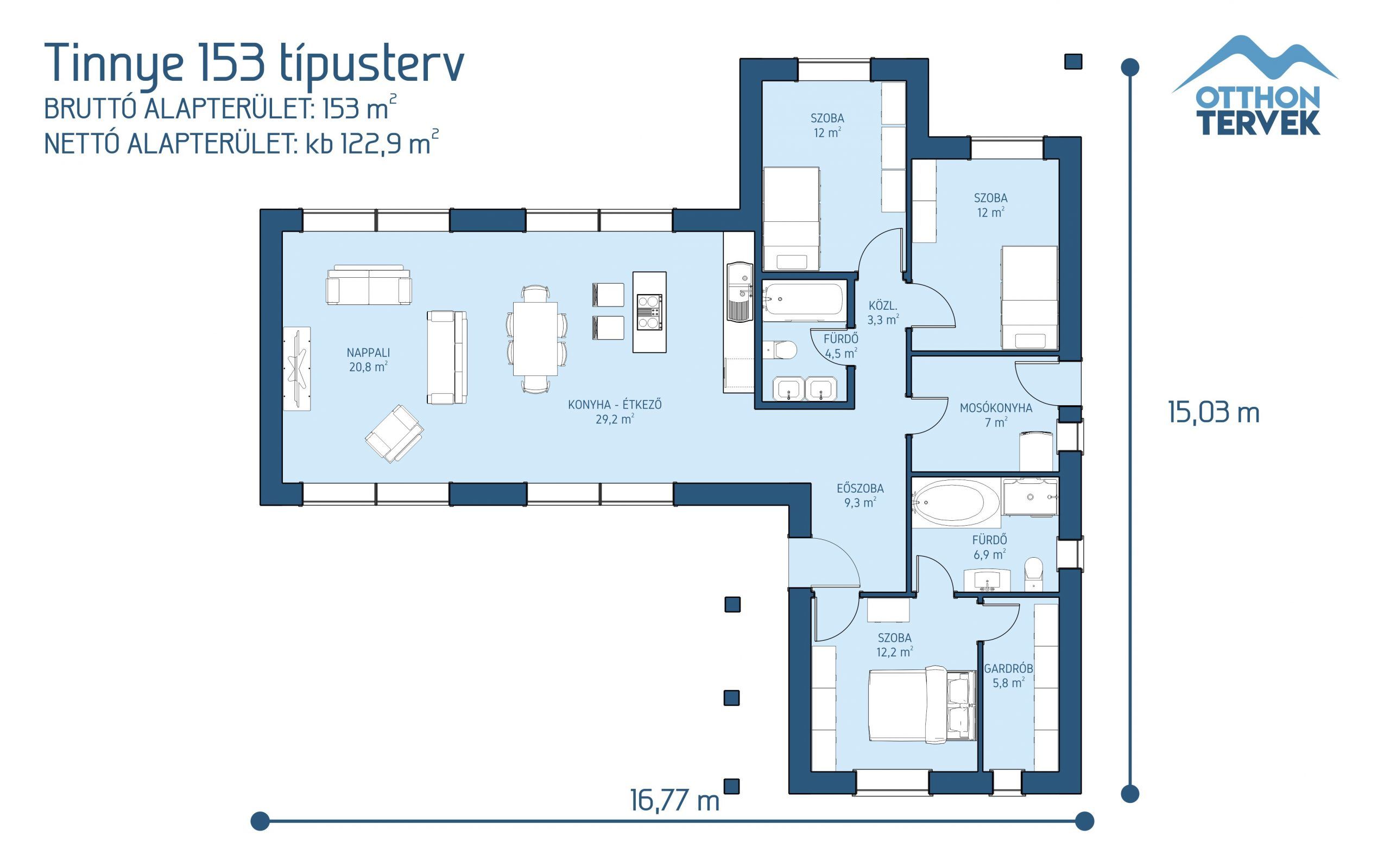 Alaprajz - Tinnye családi ház típusterv (153 m²)