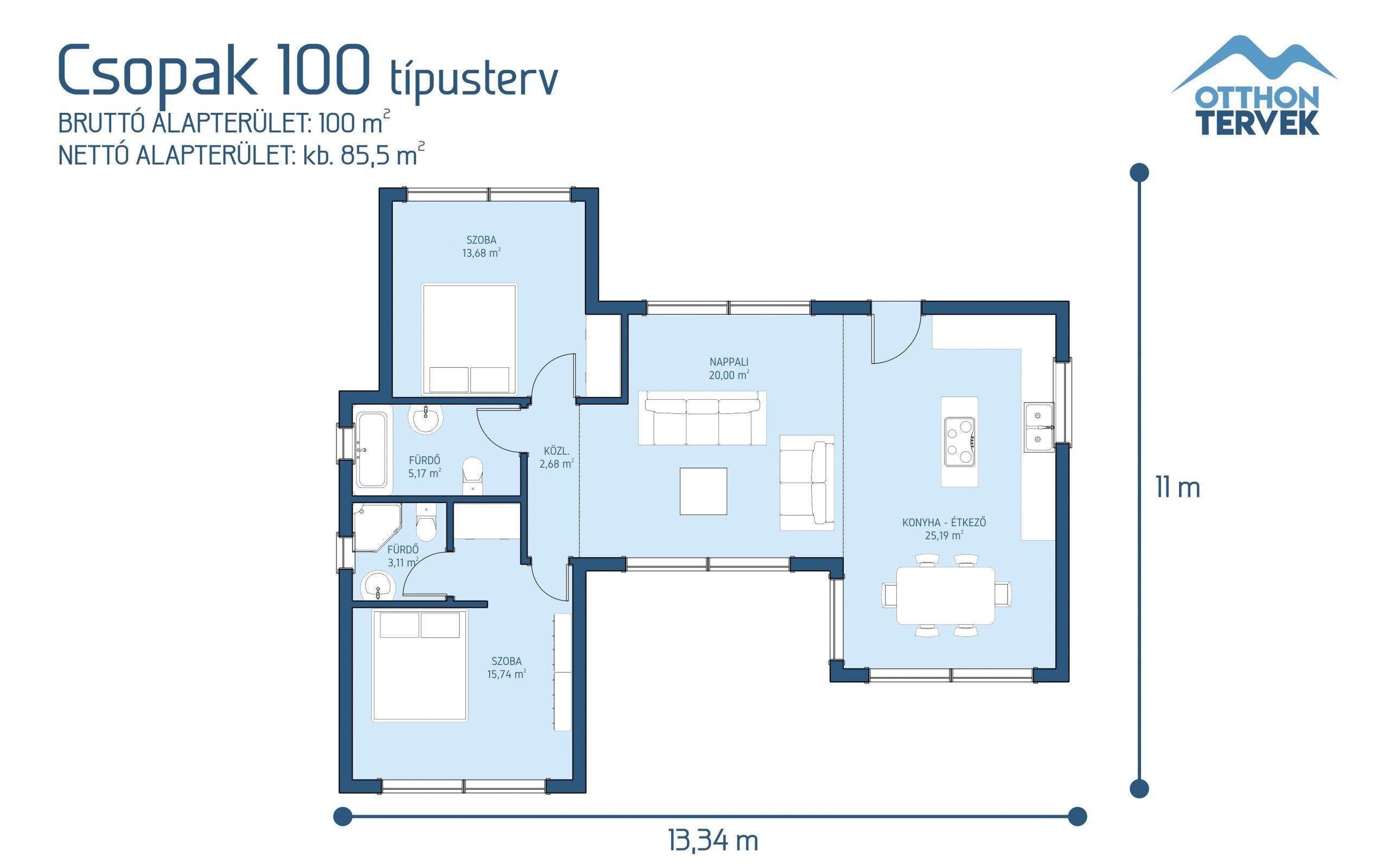 Alaprajz - Csopak 100m²-es családi ház típusterv