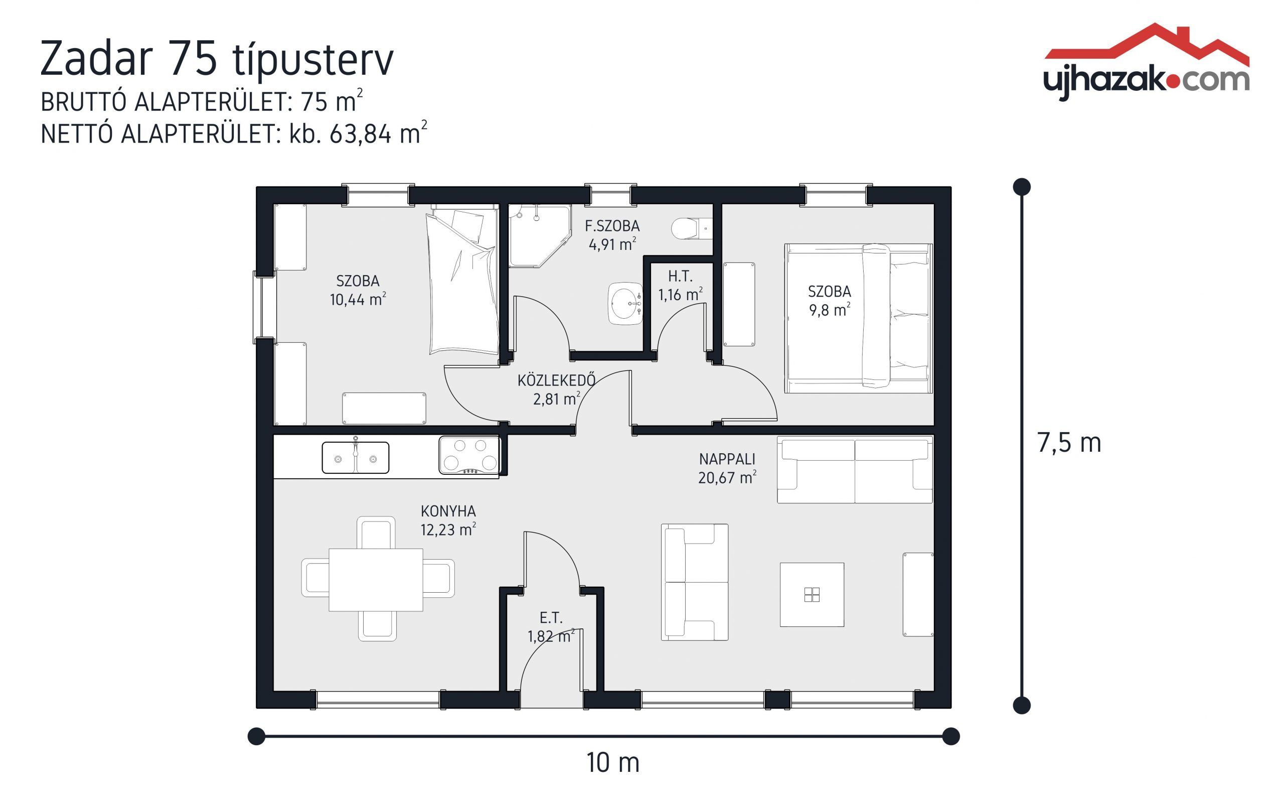 Alaprajz - Zadar 75 m²-es PuzzleHome moduláris ház típusterv
