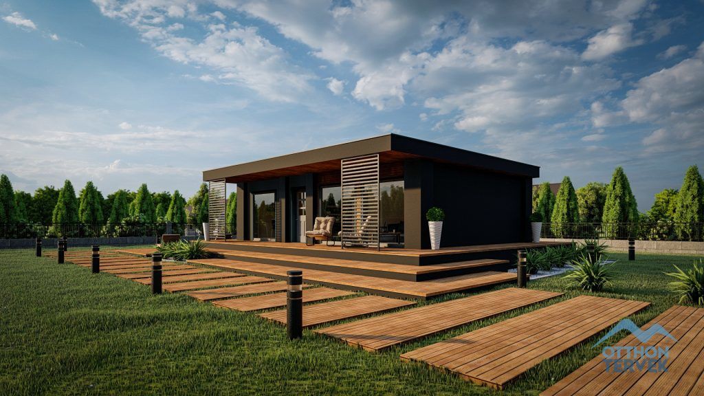 Zadar 75 m²-es PuzzleHome moduláris ház típusterv látványterve vakolt felülettel és design árnyékolással