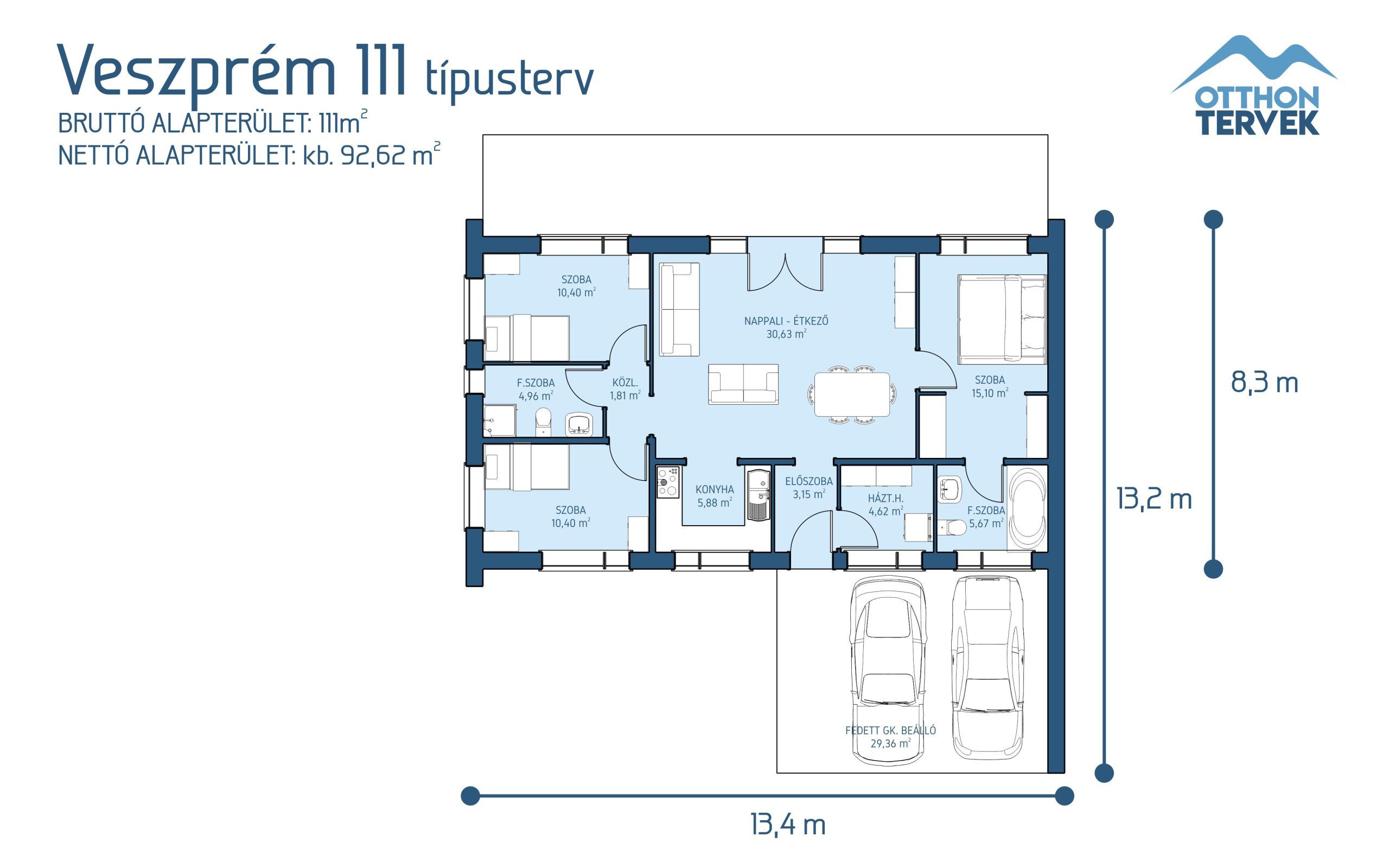 Alaprajz - Veszprém 111 m²-es nyeregtetős családi ház típusterv