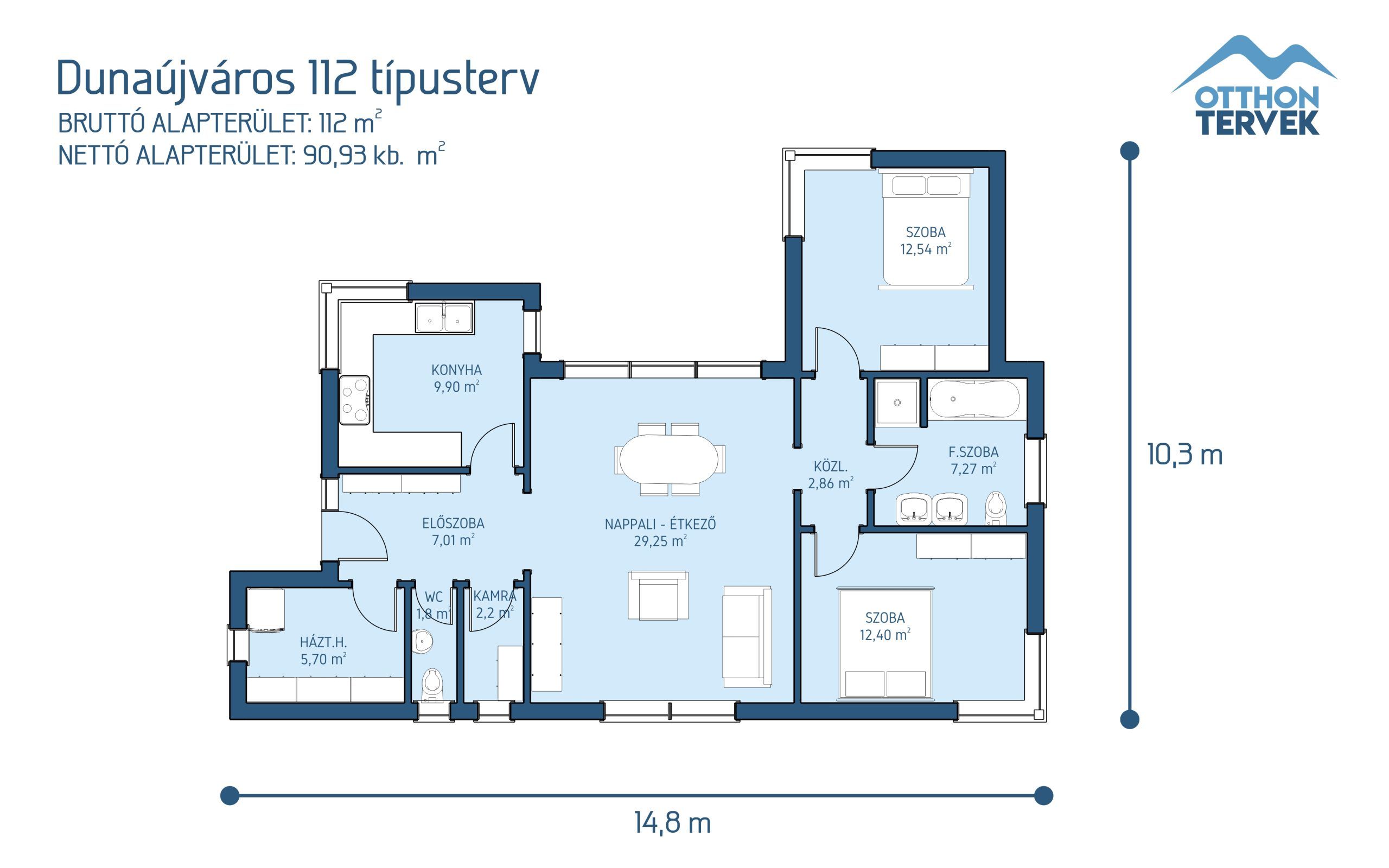 Alaprajz - Dunaújváros 112 m²-es lapostetős családi ház típusterv